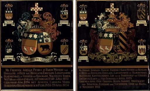 A PAIR OF DUTCH PARCEL-GILT AND POLYCHROME PAINTED ARMORIAL PANELS