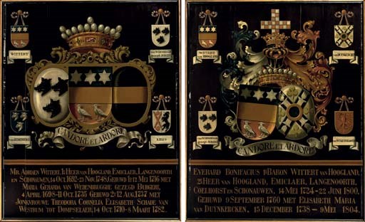 A PAIR OF DUTCH PARCEL-GILT AND POLYCHROME PAINTED ARMORIAL PANELS