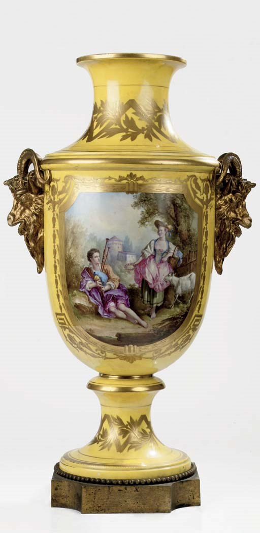 A Sèvres-style yellow-ground gilt ormolu-mounted large presentation vase