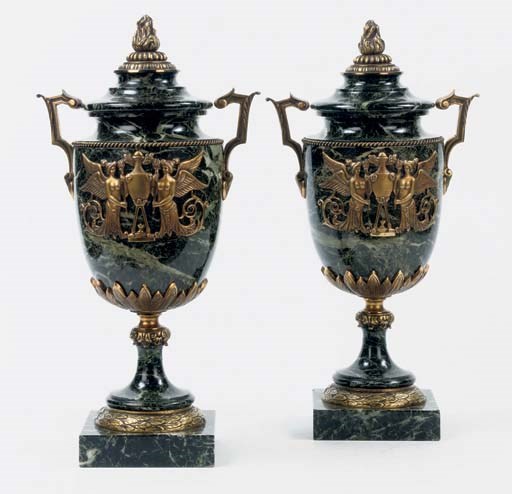A PAIR OF NORTH EUROPEAN ORMOLU-MOUNTED AND VERDE ANTICO MARBLE URNS