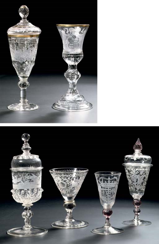 Six Silesian and Bohemian engraved goblets and three covers
