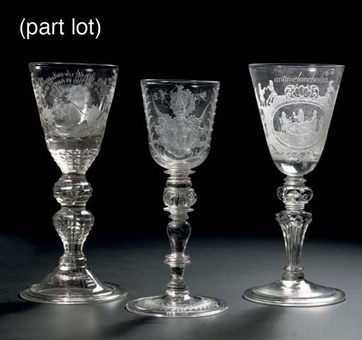 Three German engraved goblets and two covers