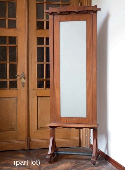 A GERMAN BIEDERMEIER MAHOGANY CHEVAL MIRROR AND TWO BIEDERMEIER WALNUT MIRRORS