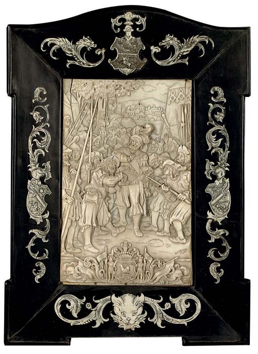 A CARVED IVORY RELIEF DEPICTING A MUTINY OF SWISS MERCENARIES