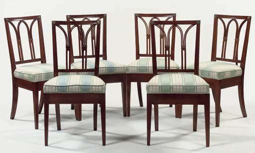 A SET OF SIX GERMAN BRASS-MOUNTED BEECHWOOD DINING CHAIRS
