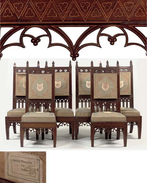 A SET OF SIX GERMAN NEO-GOTHIC ROSEWOOD AND FRUITWOOD HIGH-BACK SIDE CHAIRS