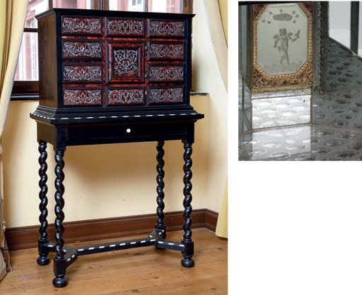 A FLEMISH TORTOISESHELL, PEWTER, BONE, ROSEWOOD, EBONY AND EBONISED CABINET-ON-STAND