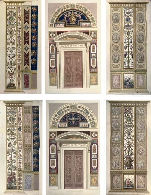 A fine group of seventeen various hand-coloured engravings of architectural panels of the Raphael's Vatican Loggie