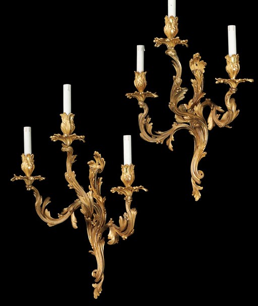 A PAIR OF FRENCH ORMOLU THREE BRANCH WALL-LIGHTS