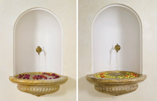 A PAIR OF ITALIAN SIENA MARBLE BASINS