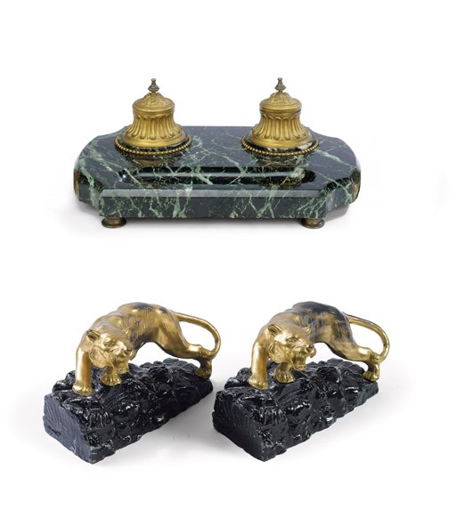 AN ORMOLU-MOUNTED VERDE ANTICO INKSTAND AND A PAIR OF MODELS OF TIGERS