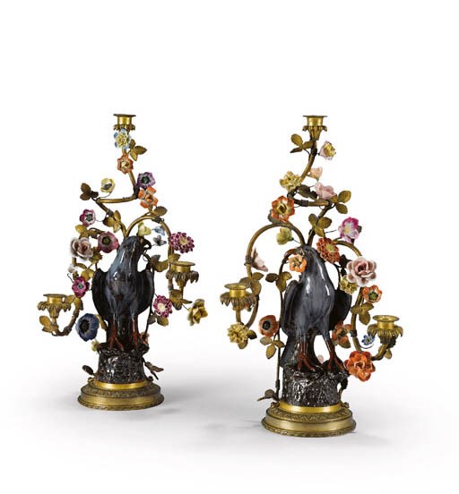 A PAIR OF ORMOLU-MOUNTED CHINESE POLYCHROME-DECORATED EARTHENWARE THREE-LIGHT CANDELABRA