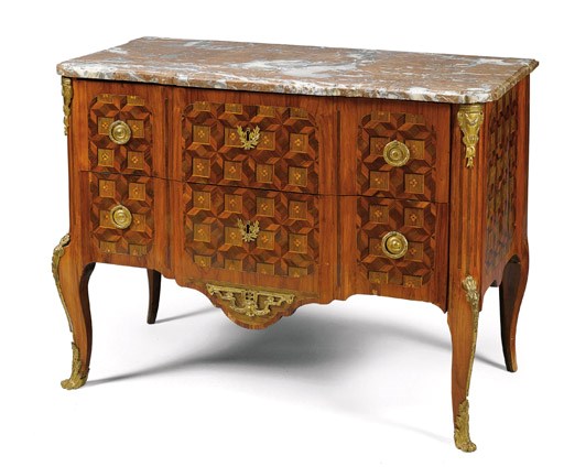 A LATE LOUIS XV ORMOLU-MOUNTED KINGWOOD, TULIPWOOD AND FRUITWOOD PARQUETRY COMMODE
