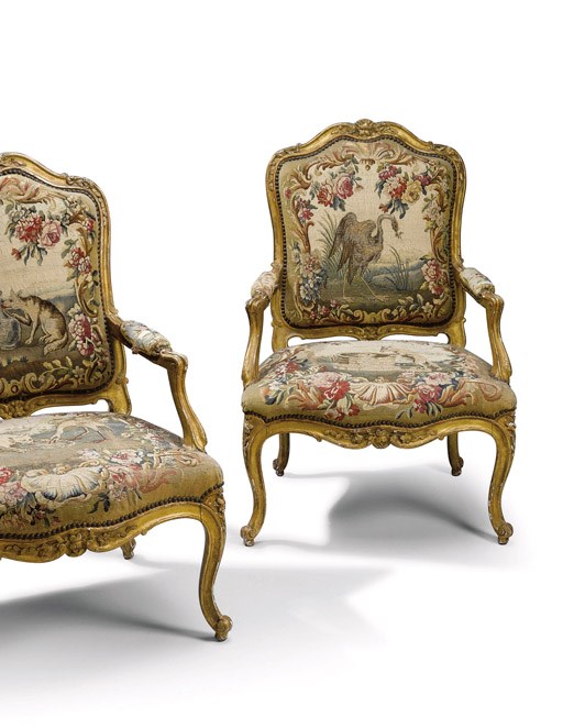 A SET OF FIVE FRENCH GILTWOOD AND TAPESTRY FAUTEUILS