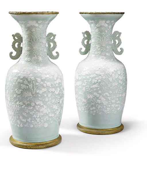 A PAIR OF ORMOLU-MOUNTED CHINESE CELADON VASES