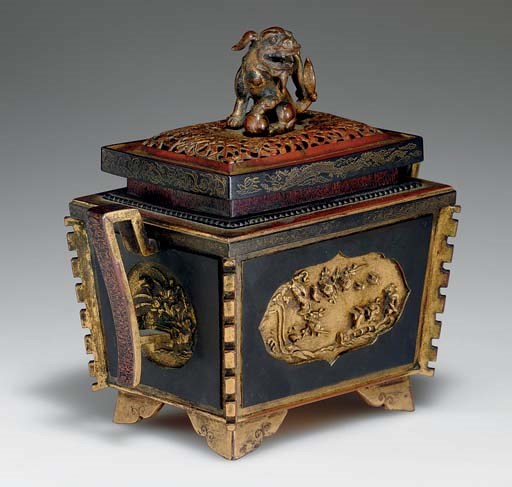 A PARCEL-GILT BRONZE RECTANGULAR CENSER AND COVER