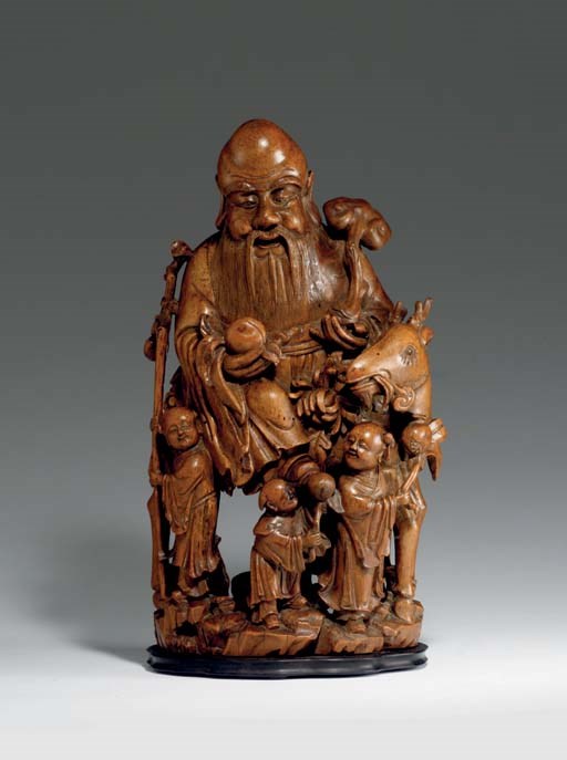 A LARGE BAMBOO CARVING OF SHOULAO AND BOYS
