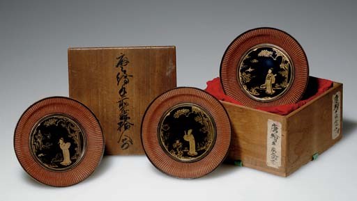 A RARE SET OF TEN WOVEN BAMBOO AND LACQUER DISHES