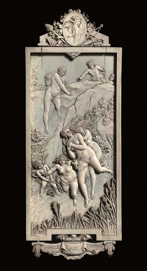 A DIEPPE CARVED IVORY BAS-RELIEF ENTITLED 'CHASSE AUX NYMPHES'