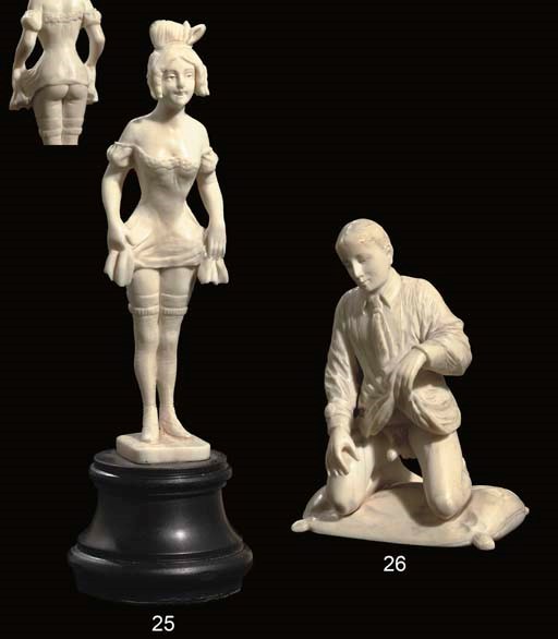 A FRENCH CARVED IVORY EROTIC FIGURE OF A KNEELING MAN