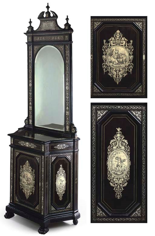 A NORTH ITALIAN ETCHED IVORY-INLAID EBONY AND EBONISED MIRRORED SIDE-CABINET
