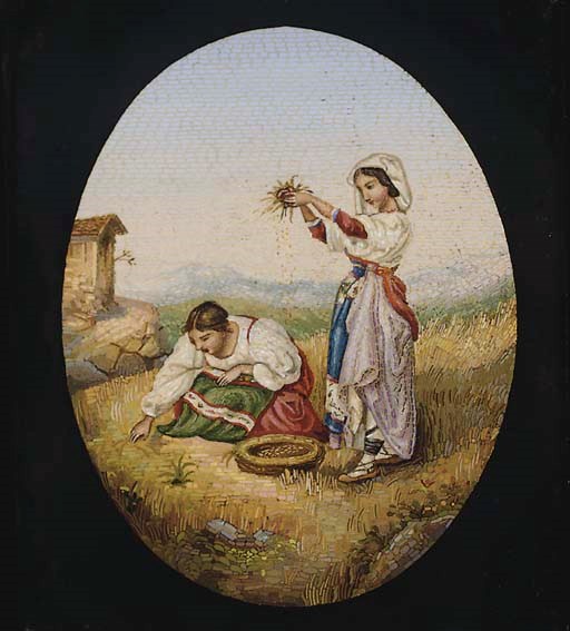 A FRAMED ROMAN MICROMOSAIC PICTURE ENTITLED 'CONTADINE ALL SPIGOLATURA' ('PEASANT WOMEN GLEANING')