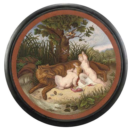 A ROMAN MICROMOSAIC PANEL DEPICTING ROMULUS AND REMUS SUCKLING THE SHE-WOLF