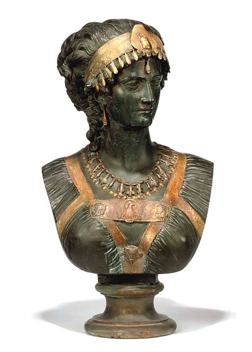 A FRENCH PARCEL-GILT BROZNE BUST OF CLEOPATRA