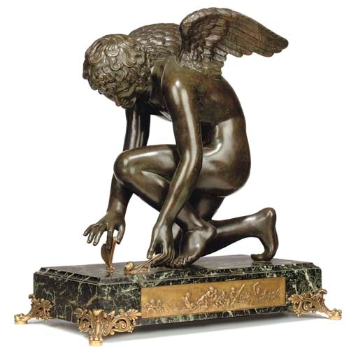 A FRENCH GILT AND PATINATED BRONZE FIGURE ENTITLED 'AMOUR AU PAPILLON'