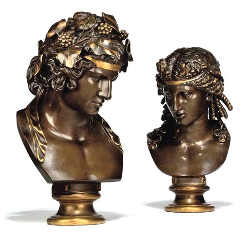 A PAIR OF FRENCH PARCEL-GILT BRONZE BUSTS OF BACCHUS AND ARIADNE