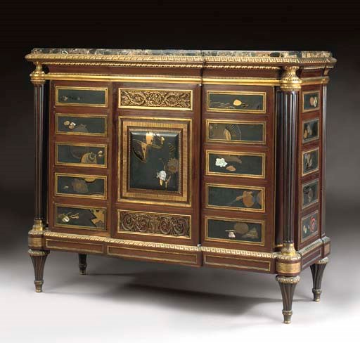 A LOUIS XVI STYLE ORMOLU-MOUNTED, MOTHER-OF-PEARL AND LACQUERED MAHOGANY SIDE-CABINET