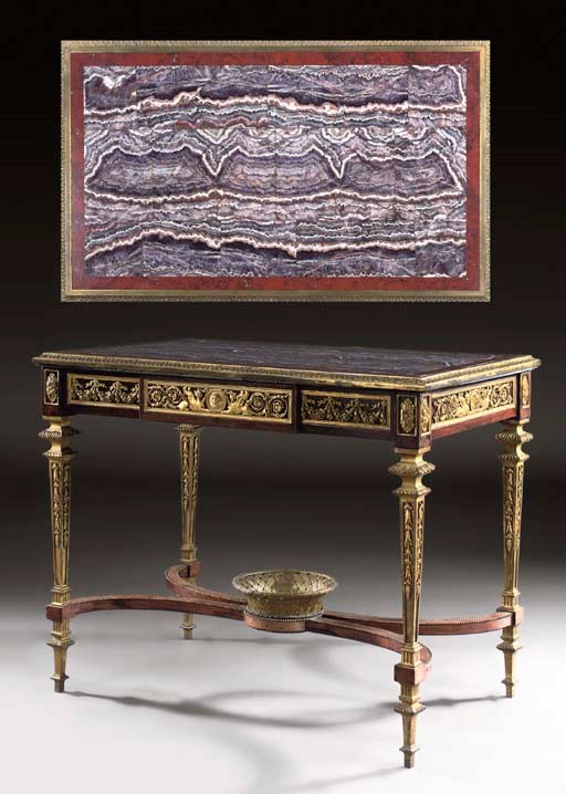 A LOUIS XVI STYLE ORMOLU-MOUNTED MAHOGANY AMETHYST AND MARBLE-TOPPED CENTRE-TABLE