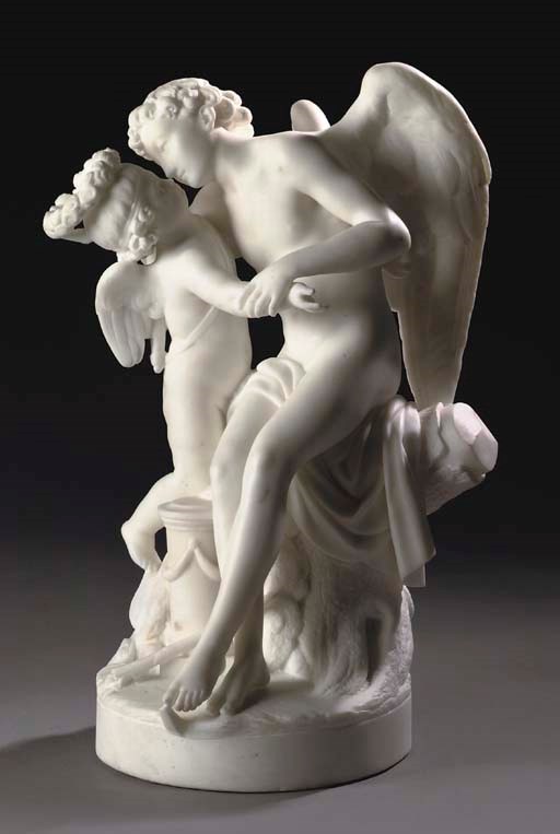 A CONTINENTAL WHITE MARBLE GROUP OF CUPID AND ADONIS