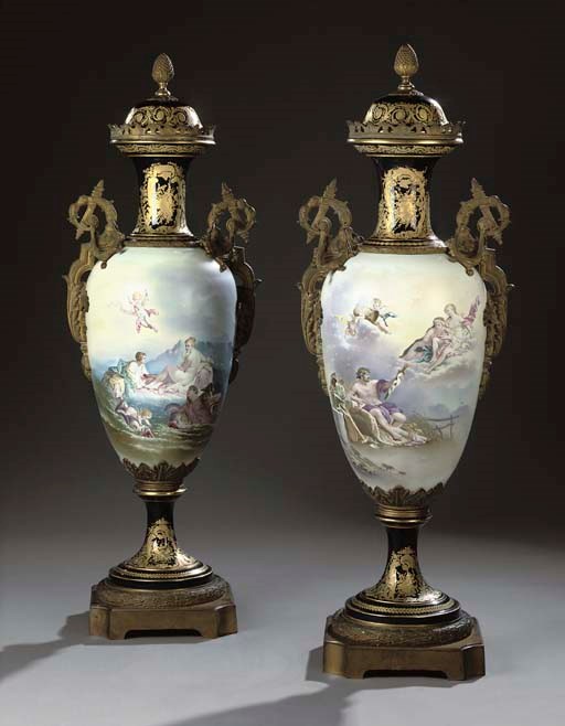 A PAIR OF LARGE ORMOLU-MOUNTED SEVRES STYLE COBALT-BLUE-GROUND VASES AND COVERS
