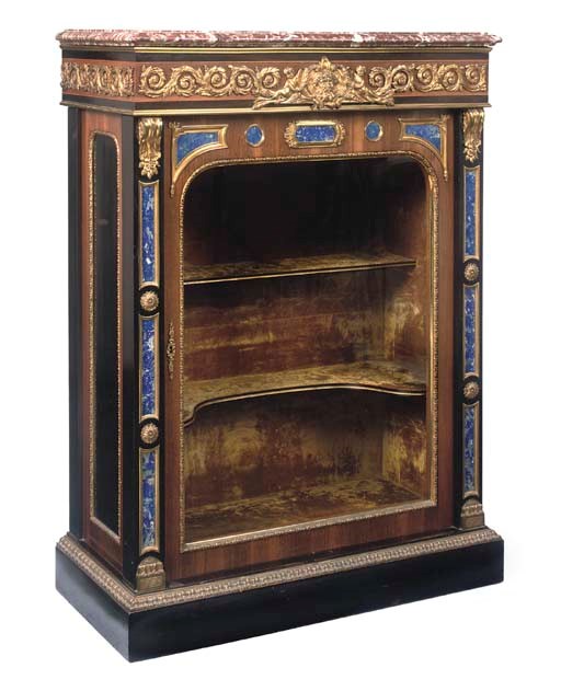 A NAPOLEON III ORMOLU AND LAPIS LAZULI-MOUNTED MAHOGANY AND EBONY VITRINE-CABINET