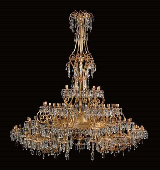 A LARGE GILT-METAL AND CUT GLASS SEVENTY-EIGHT-LIGHT CHANDELIER