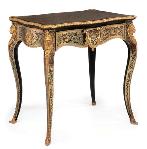 A NAPOLEON III ORMOLU-MOUNTED CUT BRASS, PEWTER AND MOTHER-OF-PEARL-INLAID TORTOISESHELL, EBONY AND EBONISED POLYCHROME 'BOULLE' OCCASIONAL TABLE