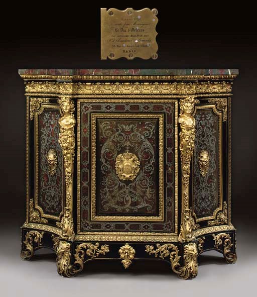 AN IMPORTANT LOUIS-PHILIPPE ORMOLU-MOUNTED CUT BRASS, PEWTER AND TORTOISESHELL-MOUNTED 'BOULLE' AND EBONY MEUBLE A HAUTEUR D'APPUI
