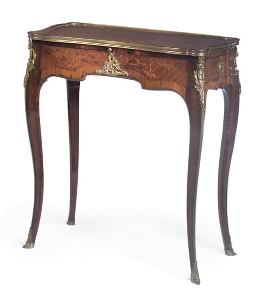 A LOUIS XV STYLE ORMOLU-MOUNTED TULIPWOOD AND MARQUETRY OCCASIONAL TABLE