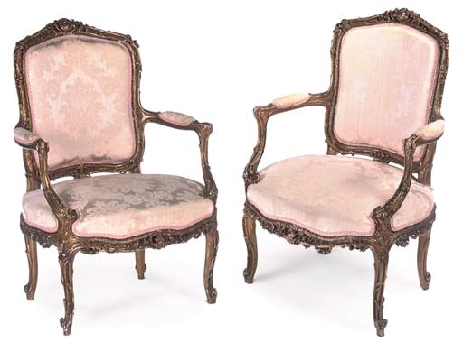 A PAIR OF LOUIS XV STYLE GILTWOOD FAUTEUILS