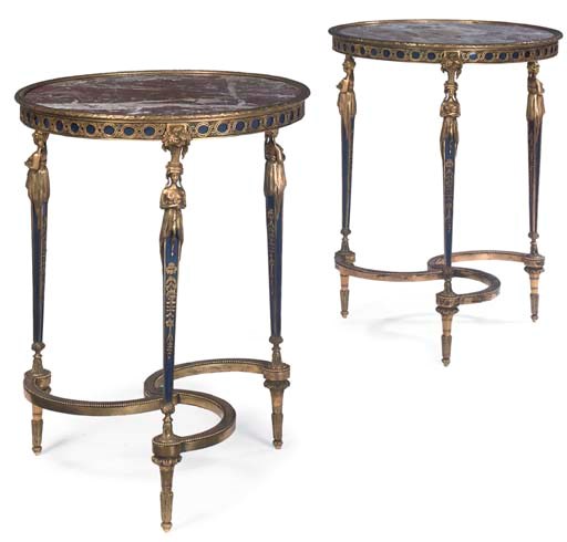 A PAIR OF LOUIS XVI STYLE ORMOLU AND BLUED METAL GUERIDONS