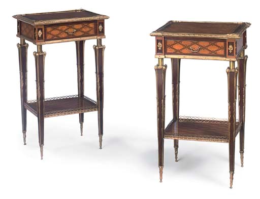 A PAIR OF TRANSITIONAL STYLE ORMOLU-MOUNTED MAHOGANY, SATINWOOD AND PARQUETRY OCCASIONAL TABLES