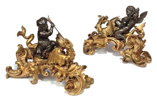 A PAIR OF NAPOLEON III ORMOLU AND PATINATED BRONZE CHENETS