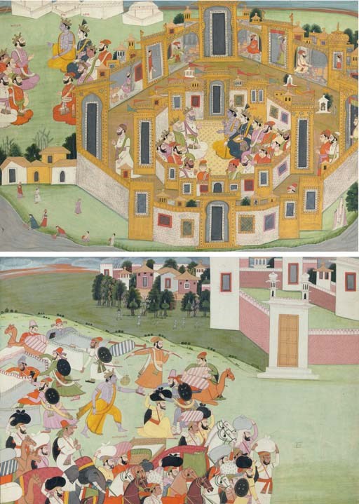 Two scenes from The Mahabharatha: Krishna mediating between two kings and Krishna preparing for a journey