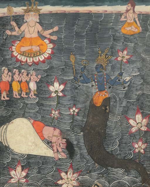 A painting of Krishna defeating Panchajanya