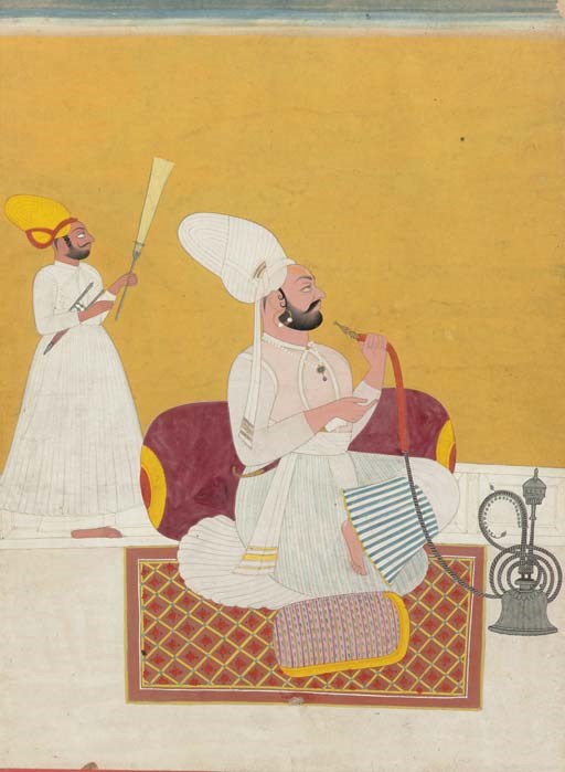 A miniature painting of a seated ruler with hukkah