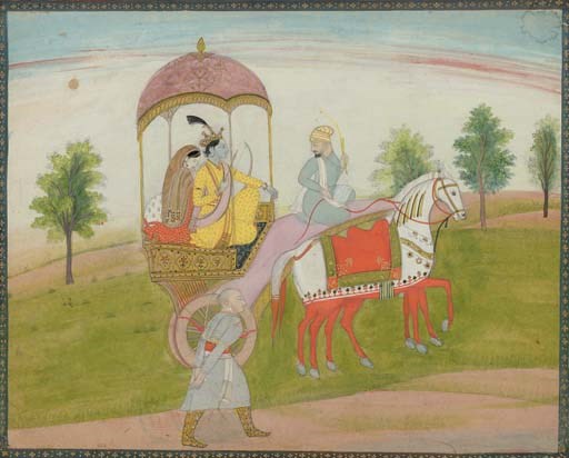 A painting of Krishna and Radha on a journey