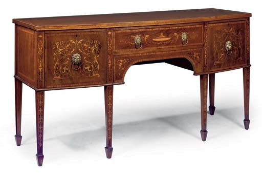 A GILT METAL MOUNTED MAHOGANY SATINWOOD CROSSBANDED AND MARQUETRY BOWFRONT SIDEBOARD