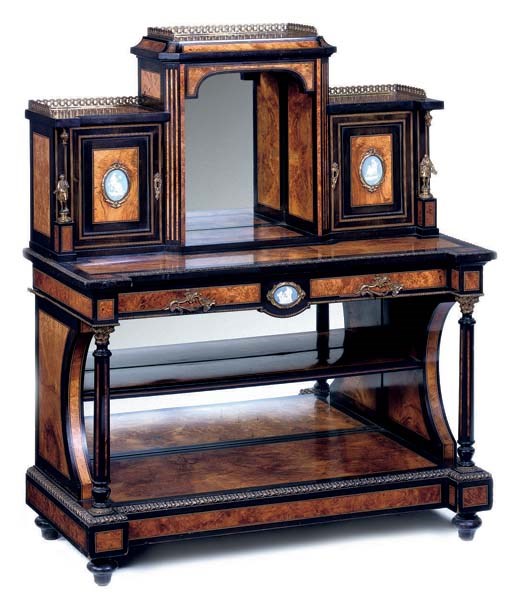 A LATE VICTORIAN GILT METAL AND PORCELAIN MOUNTED BURR WALNUT AND EBONISED SIDE TABLE