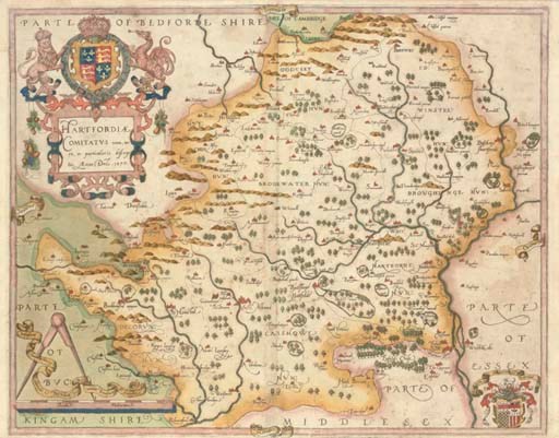 SAXTON, Christopher (c.1543-c.1610).  Hartfordiae Comitatus nova, uera, ac particularis descriptio. London: Nicholaus Reynoldus, 1577 [but 1579]. Hand-coloured engraved map of Hertfordshire, elaborate title cartouche surmounted by Royal coat-of-arms, second coat-of-arms of Hertfordshire in lower right corner (some light staining and spotting, very lightly browned, trimmed close to lower plate mark), 400 x 501mm.